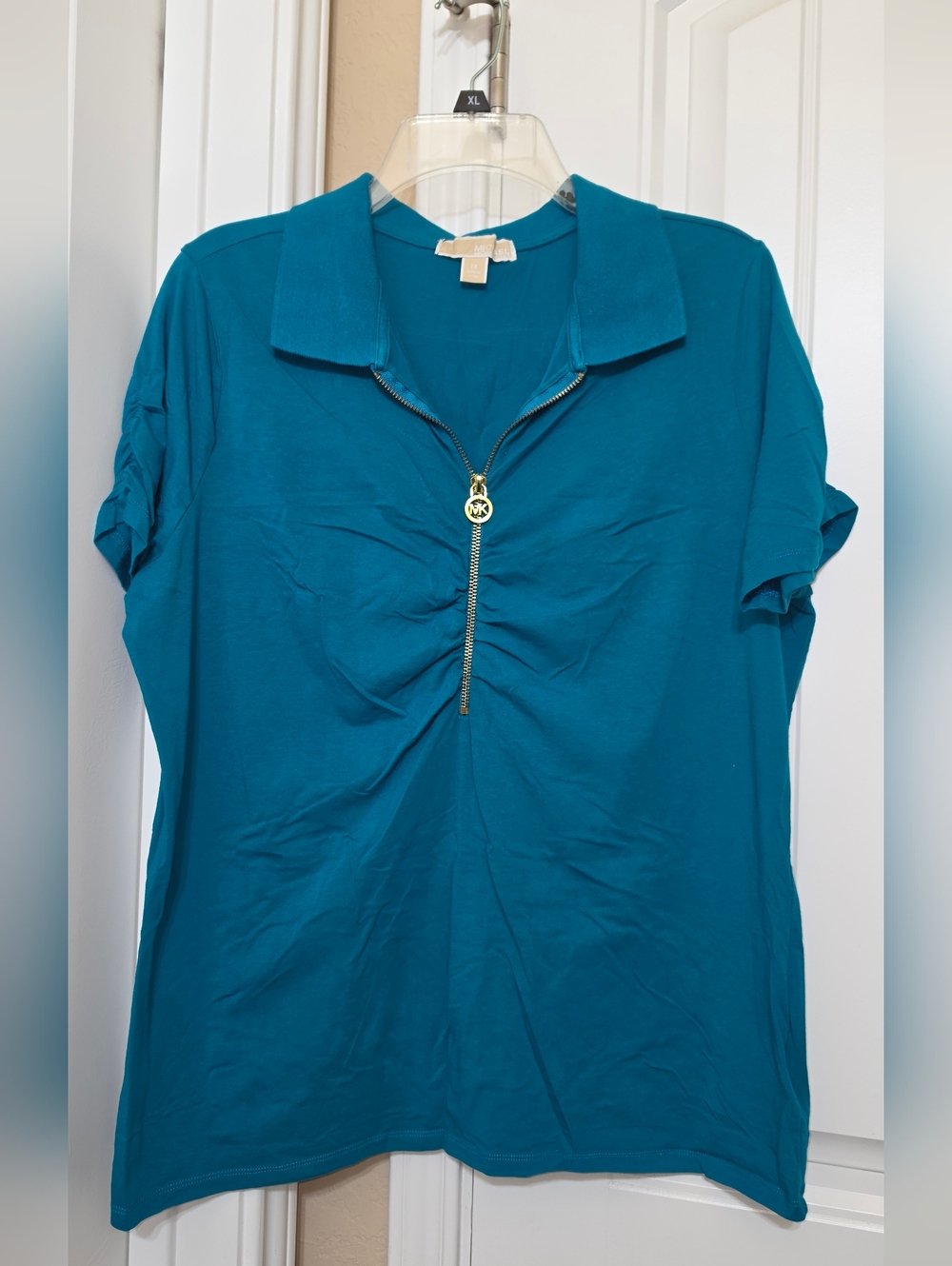 Michael Kors Teal Zip-Front Polo Top